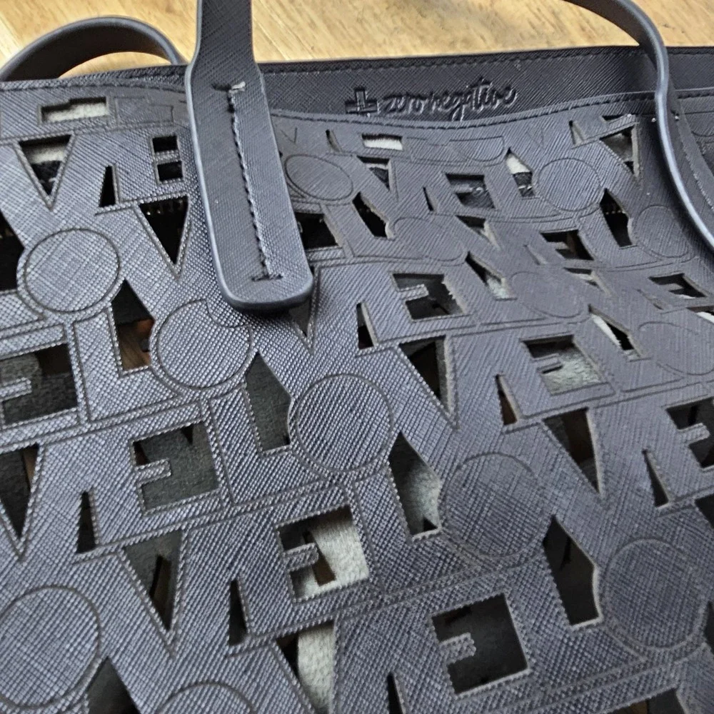 Love Zero Negative Womens Vegan Leather Zip Closure Lasercut Tote Bag Black Used